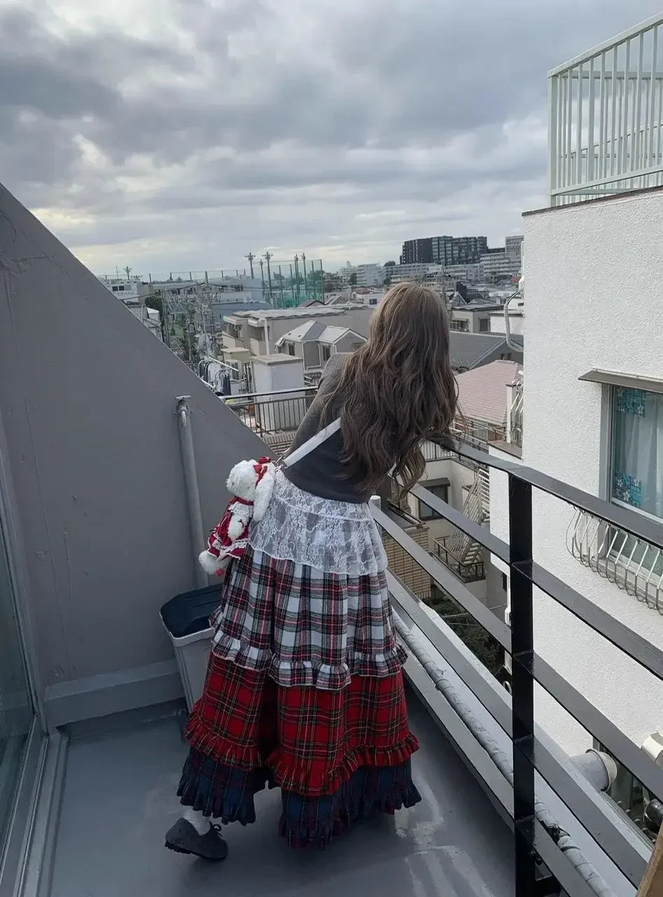 Winter Dresses Christmas Long Skirt Spliced Lace Contrast Colors Fashion